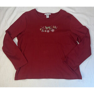 Bonnie Evans Petite Long Sleeve Pullover Dark Red Embroidered Cat Flowers XLarge